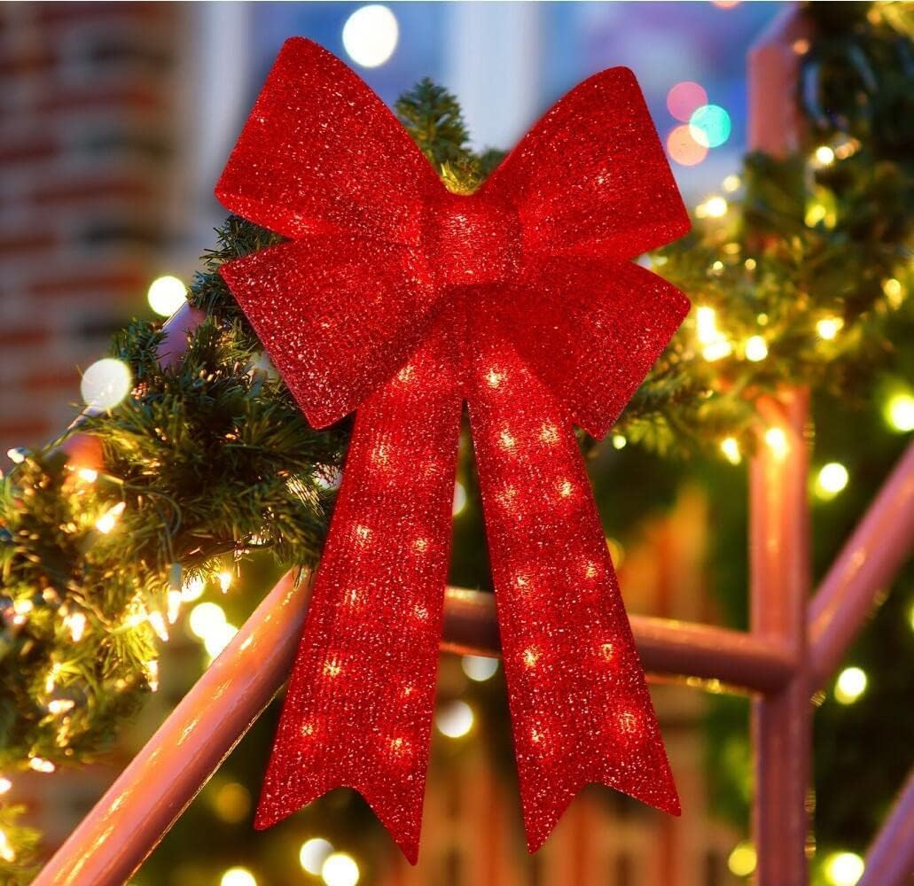 Christmas Glitter Red Bow，Lighted Large Christmas Bows Wreath Decoration,Christmas Tree Topper Decorative Bow for Indoor Outdoor Christmas Parties Decorations (32IN 72LED), LX2780