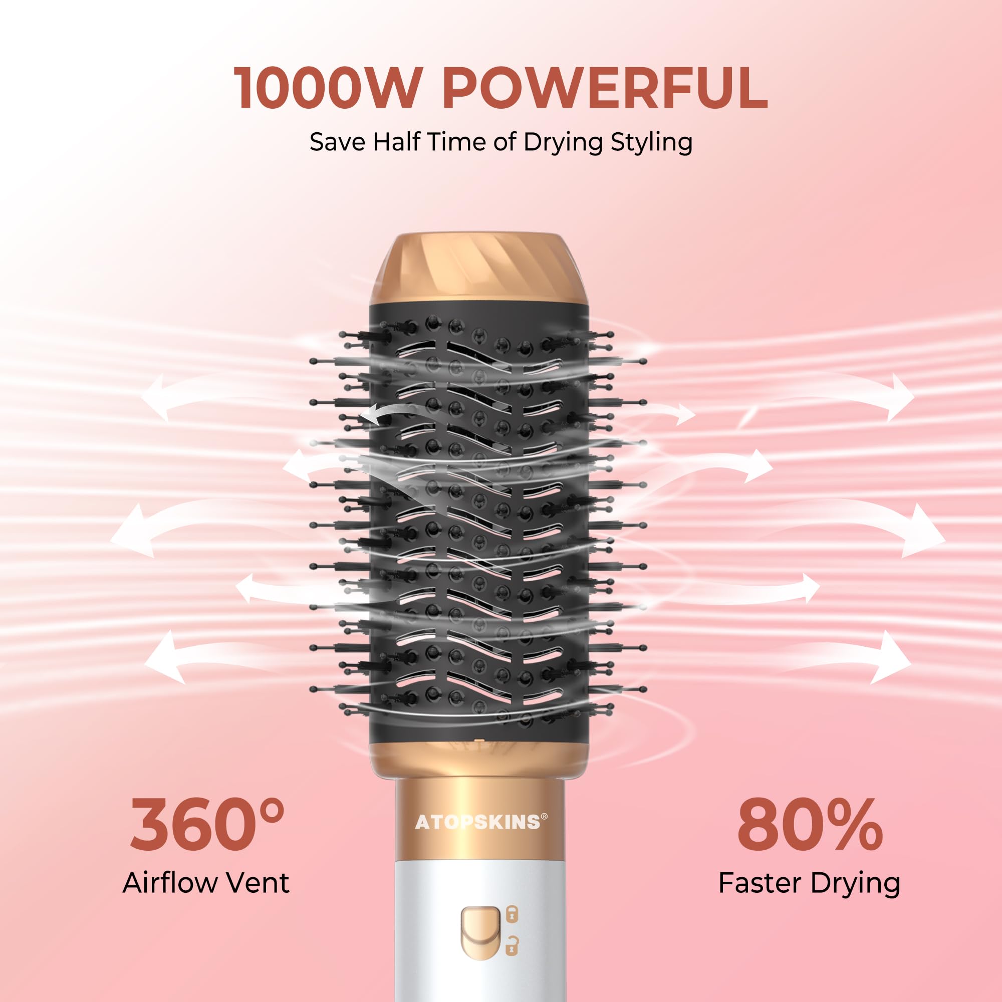 Atopskins hairstyler 6 in 1 Air Styler set mit 1000W Haartrockner, Lockenstab, Warmluftbürste, Föhnbürste, Rundbürstenföhn, Glättbürste, Geben Sie dem Haar Volumen, Glätten, Locken und Föhnen