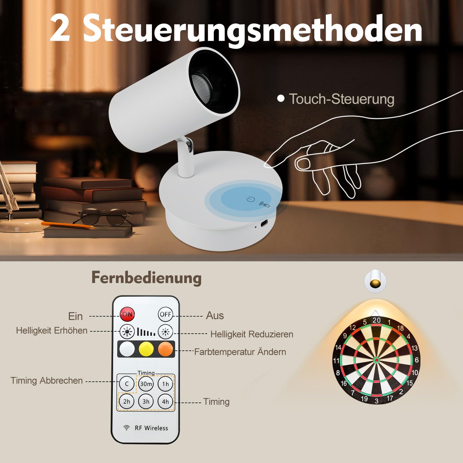 SMY Lighting Spot LED Sans Fil Rechargeable 10000mAh, avec 3 Températures de Couleur, Fonction Minuterie, Commande Tactile et Télécommande, pour d'Art, Plante Interieur, Chambre, Salon