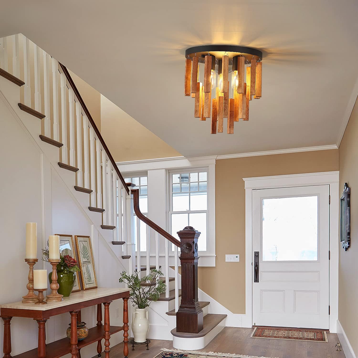 Oak and Black 3-Light Semi Flush Mount Ceiling Chandelier