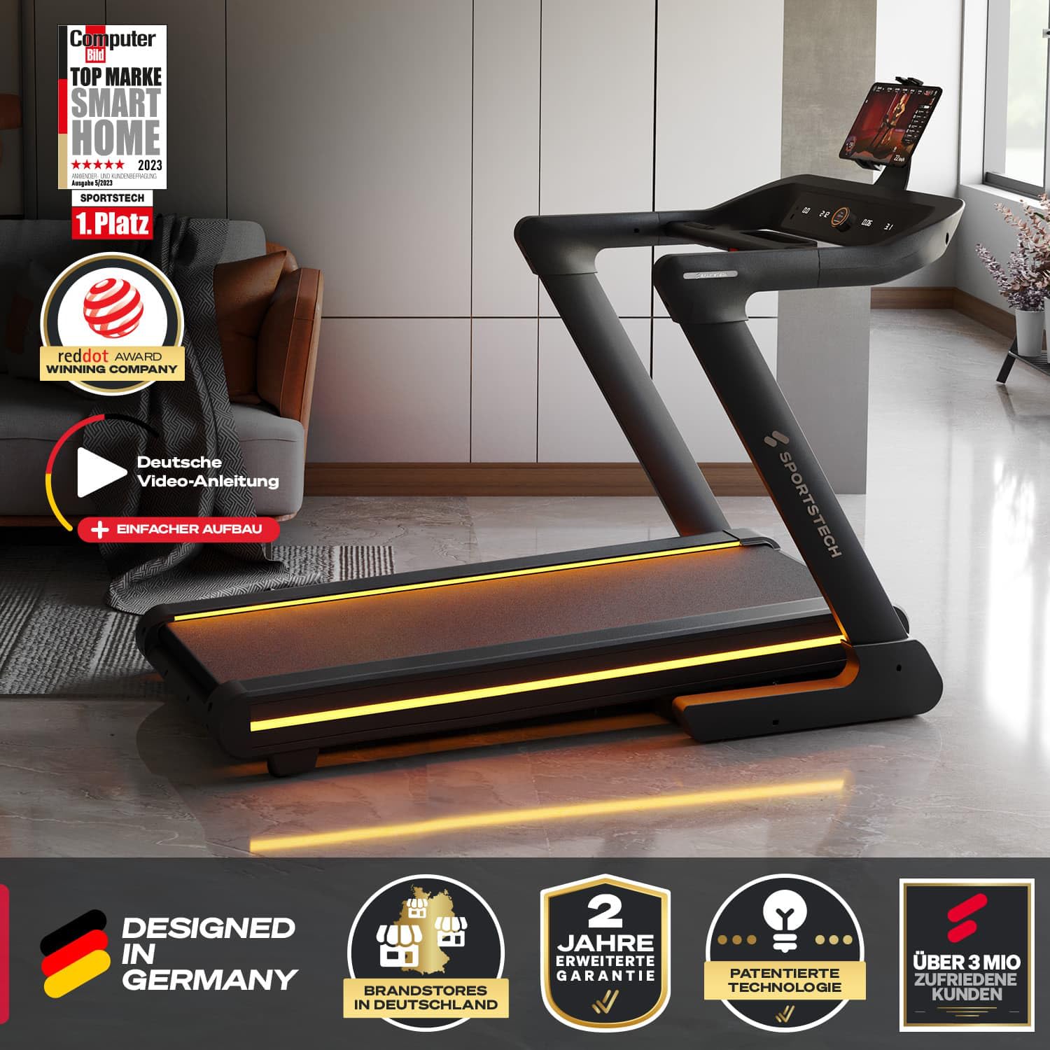 Sportstech sTread Lite Laufband für Zuhause klappbar bis 150 kg & 20 km/h – Treadmill mit 16% Steigung, 7 PS Motor, extra große Lauffläche, LED-Display, App-kompatibel, sPulse Pulsgurt inkl.