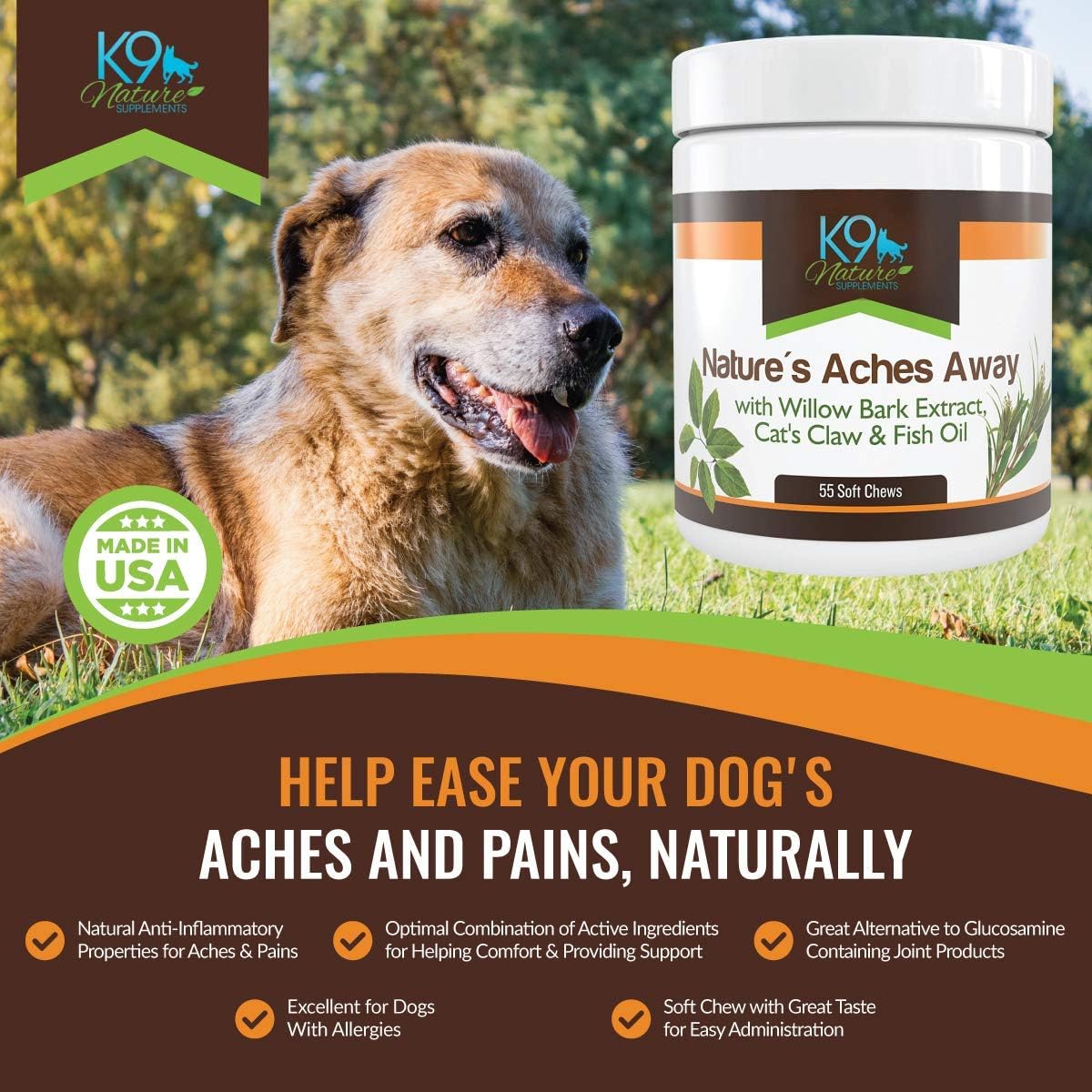 K9 Nature Supplements: Nature’s Aches Away - 55 Soft Chews for Dogs - Advanced Formula for Pet Mobility & Joint Pain Support - Natural, Herbal Treats - with Willow Bark Extract, Cat’s Claw & Fish Oil