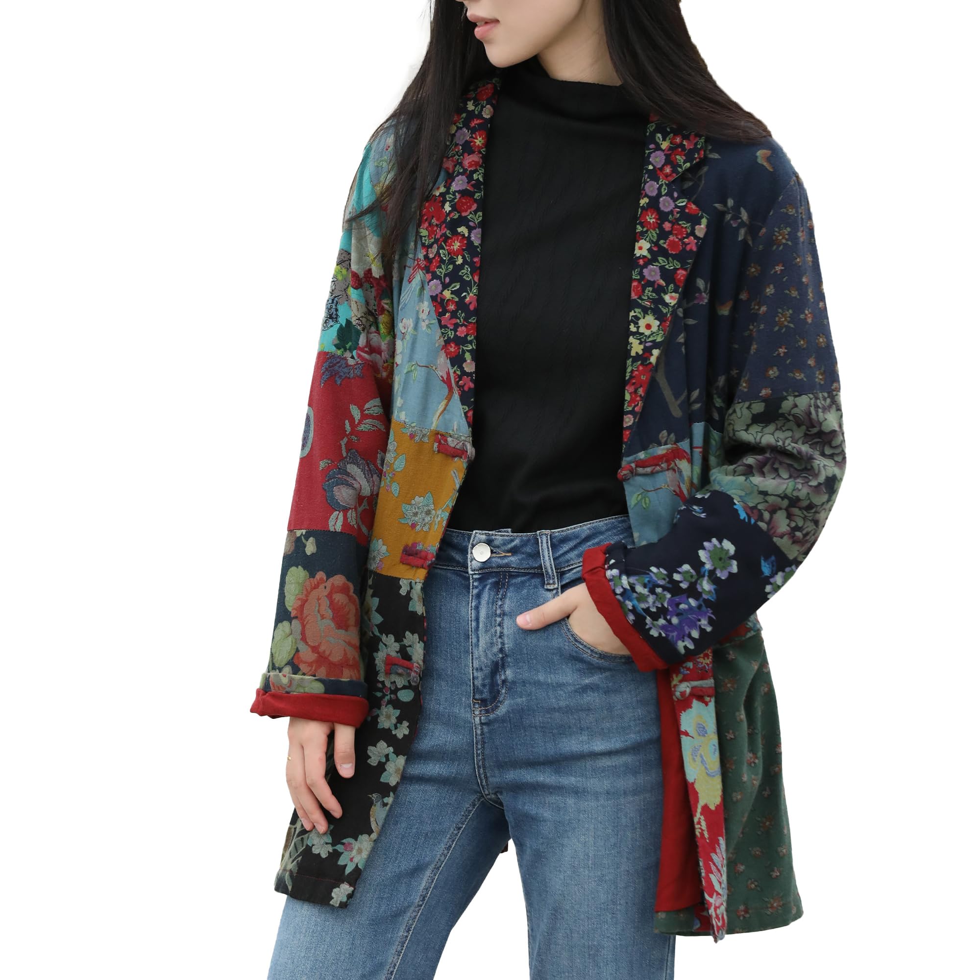 Womens Blazers Casual Open Front Long Sleeve Floral Jackets with Patchwork Color Block & Pockets