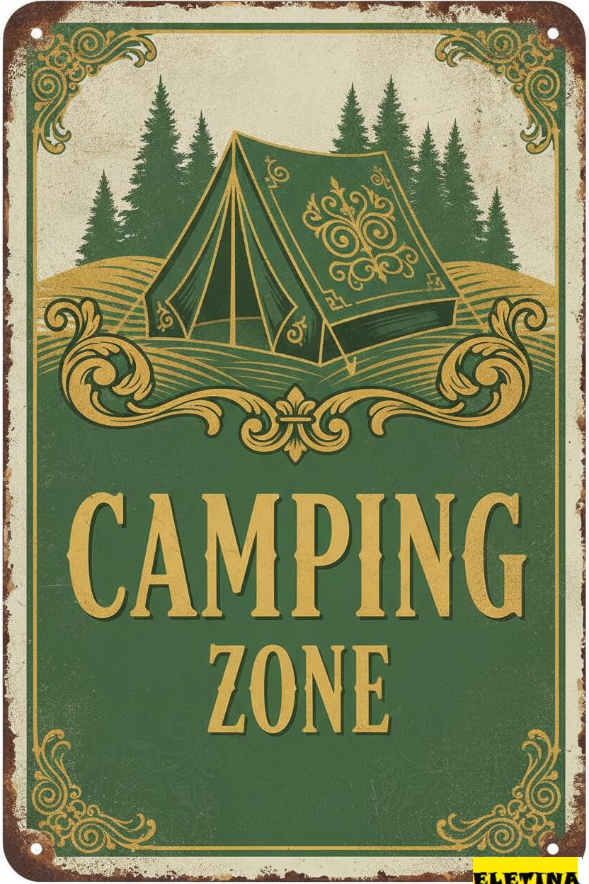Camping Zone Warning Tin Sign, 8x12 Inch Business Decor