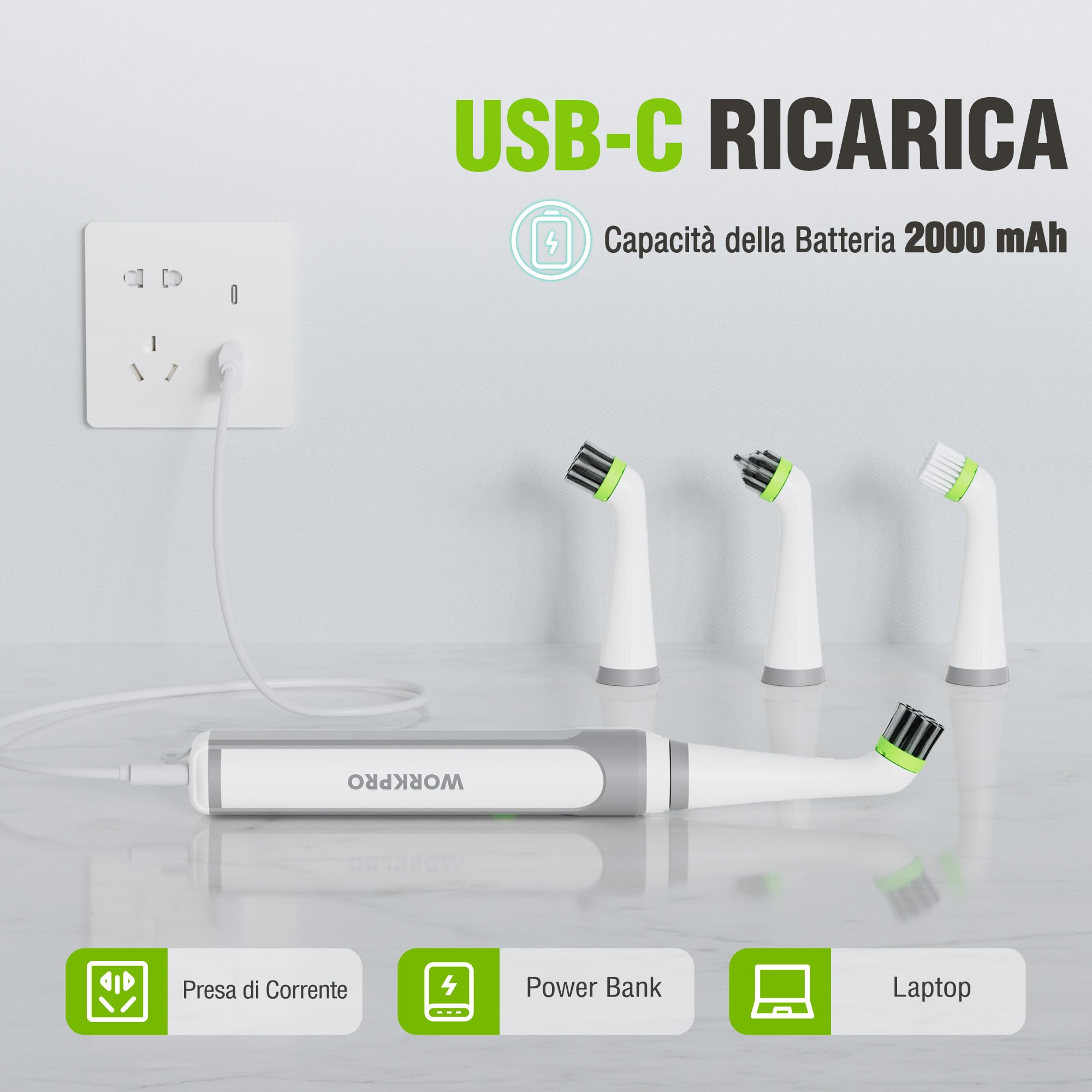 WORKPRO Spazzola Elettrica per la Pulizia per la Casa, 5500RPM, Imppermeabile IPX6 con Cavo di Rica USB-C e Testine Intercambiabili per la Pulizia di Piastrelle,Lavandini e Fughe