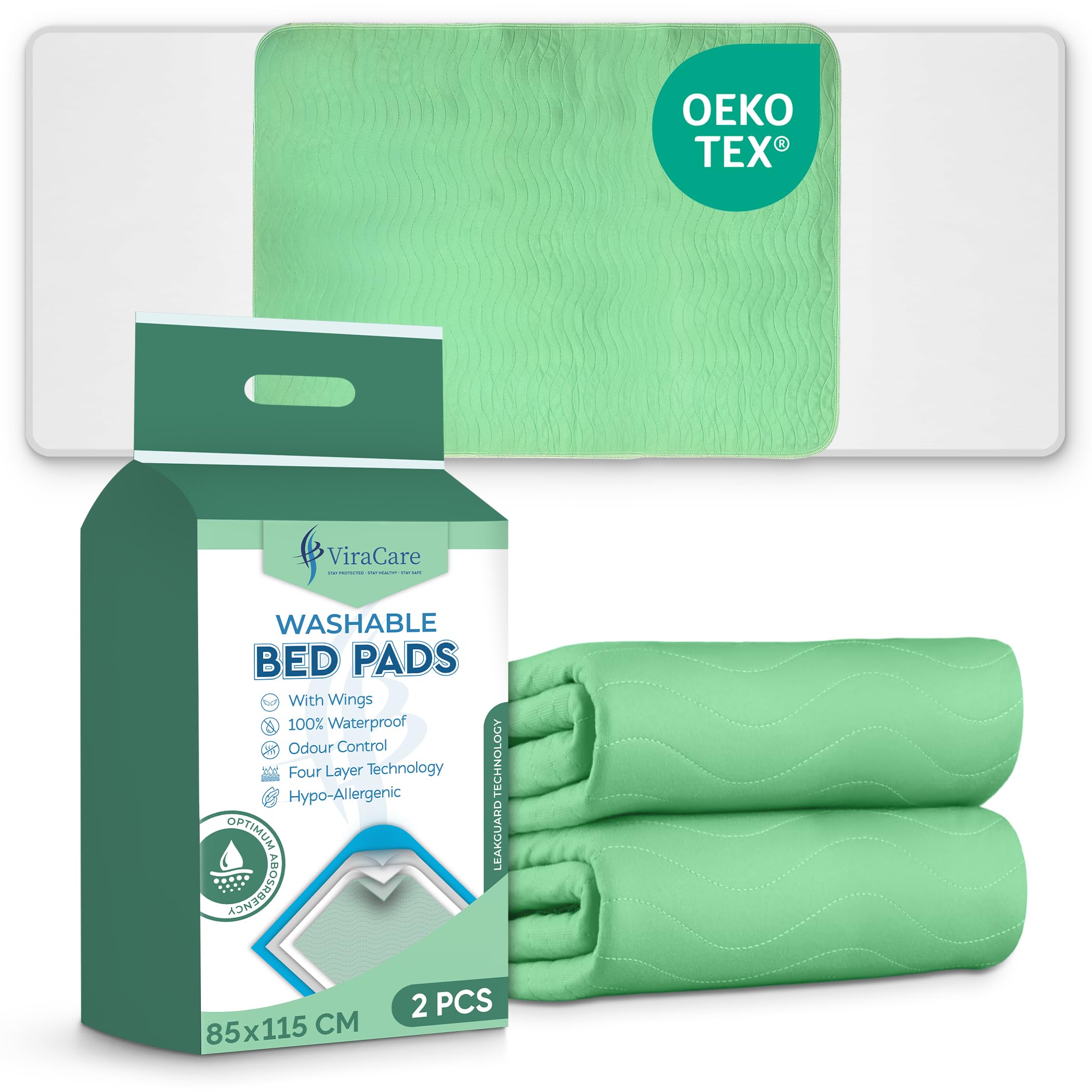 Lot de 2 alèses lavables pour incontinence, 85 x 115 cm, pour incontinence, convient pour lit double, avec plis et couleur verte, (85 x 115 cm, 1 lot de 2)