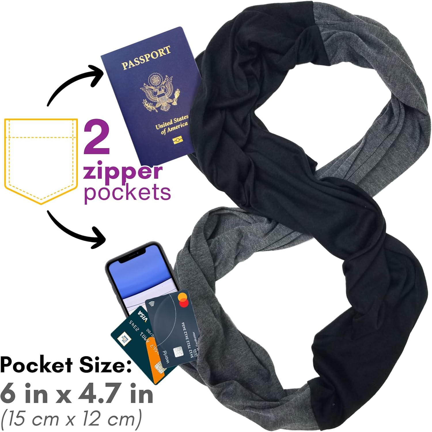 elzama Travel Scarf 2 Hidden Zipper Pocket for Women, Infinity Loop Scarf with Double Zip Pockets, Neck Wrap, Dual Color - Image 2