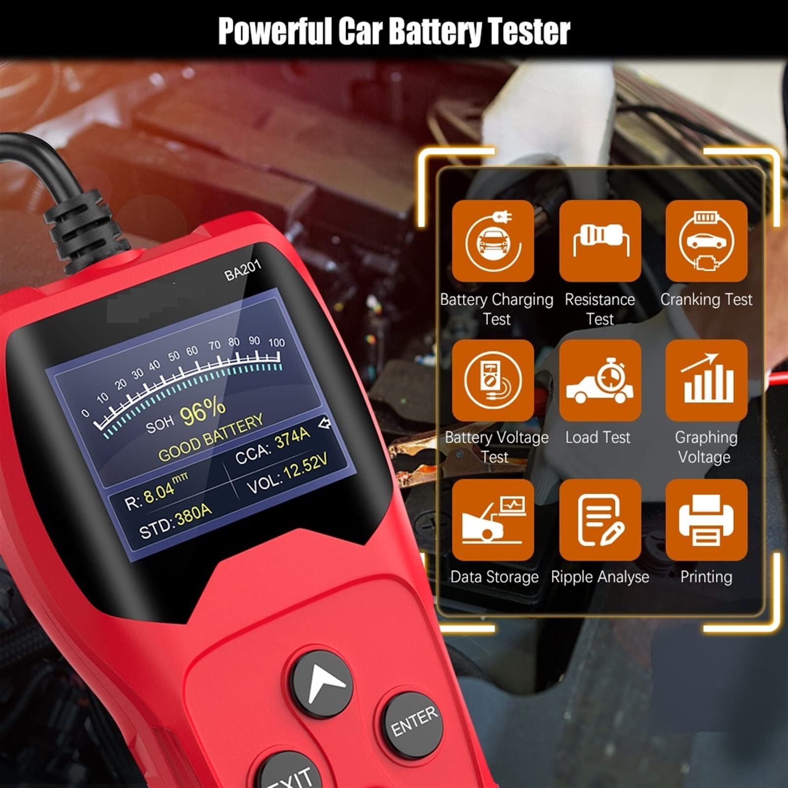 Comprobador de baterias de coche Ba201 Probador de batería de coche 12V 100 a 200 0cca 12 Volts Herramientas de batería for el automóvil Tergiversador de diagnóstico de carga de arranque rápido(Rojo)