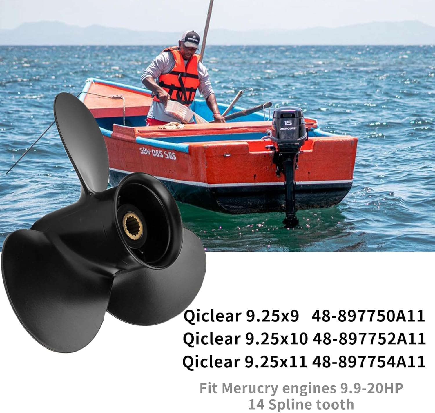 Quickcruiser - Elica fuoribordo in alluminio per motori Mercury 9.9-15HP 48-897750A11 9,25 x 9 passo RH (14 scanalature denti)