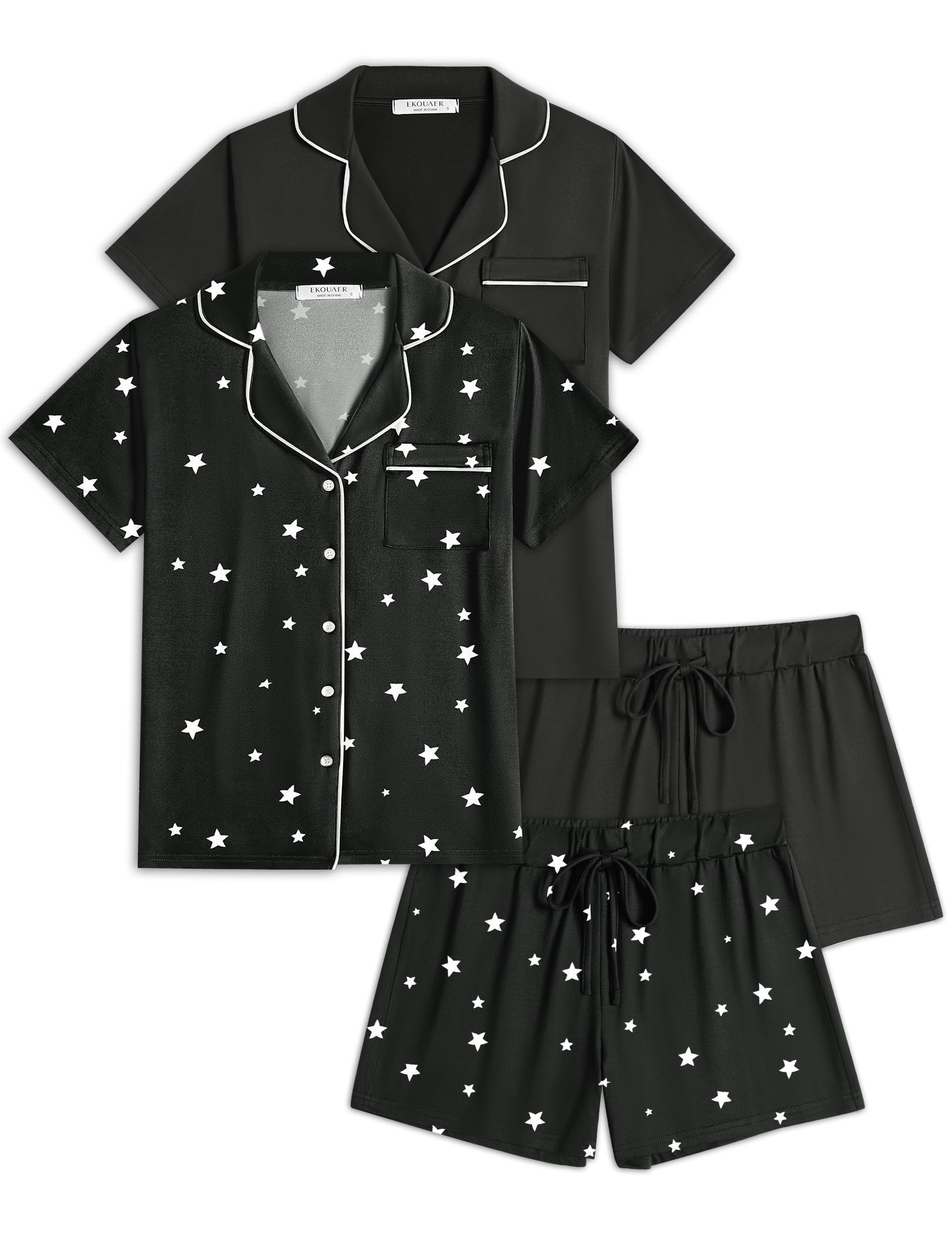 Ekouaer 2 Pack Womens Pajamas Set Button Down Summer Sleepwear Short Sleeve Comfy Pjs Loungewear Set