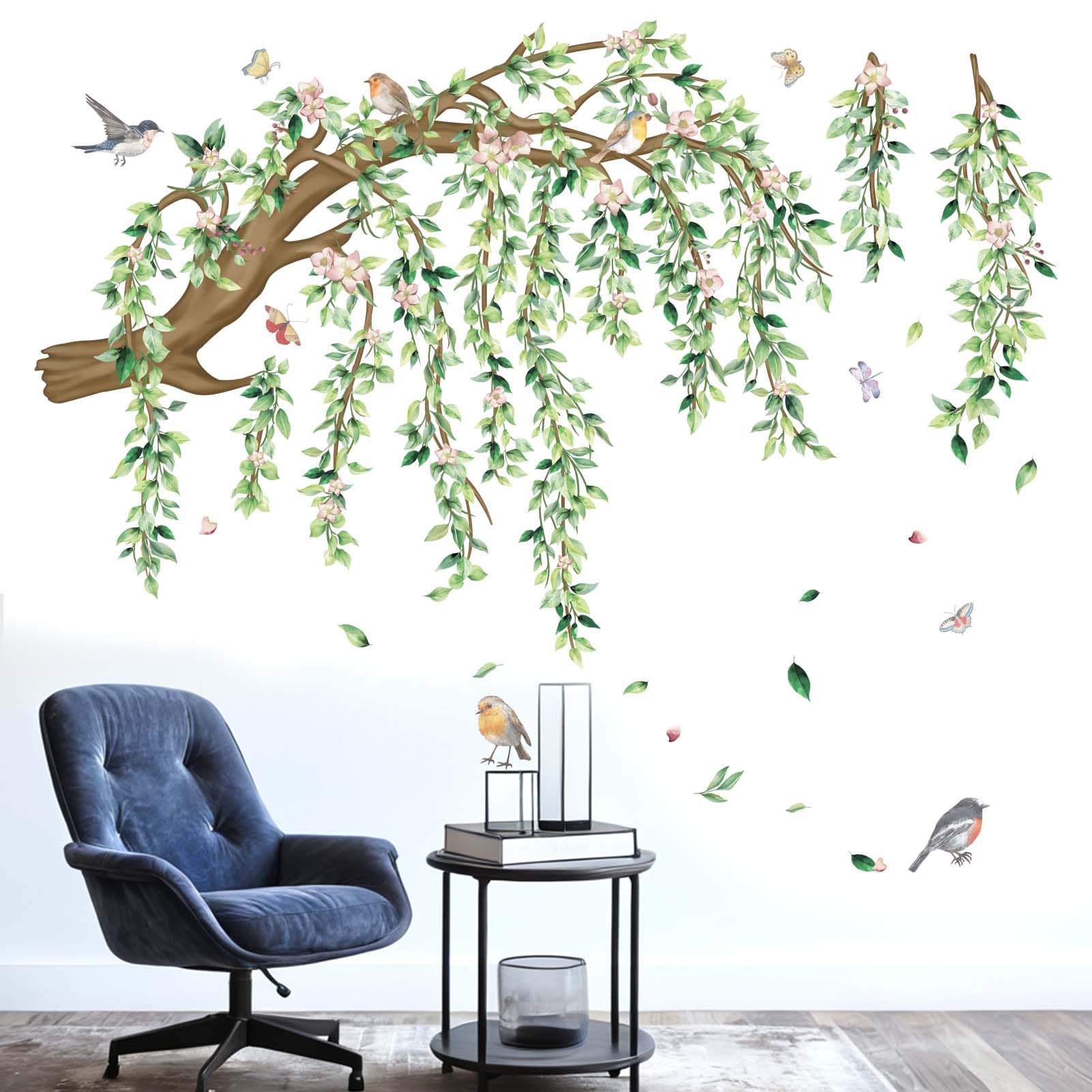 Large Hanging Vine Wall Stickers: Peel and Stick Green Leaf Tree Branch Pink Flower Birds Leaves Wall Decals - Image 2