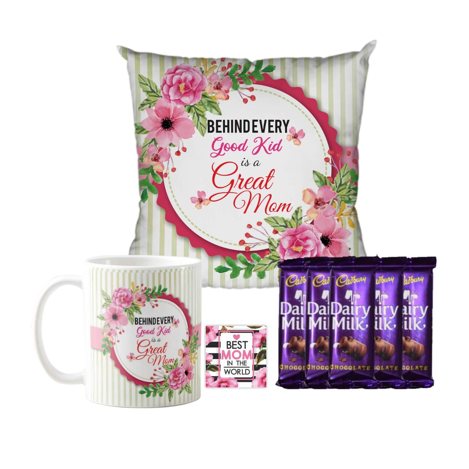YaYa cafe™ Mother's Day Chocolate Gifts Combo for Mom - Behind Every Good Kid is a Great Mom Mug, Cushion Cover, 5 Dairy Milk Chocolate, with Coaster