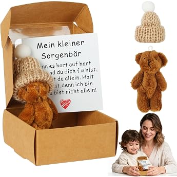 Vicloon Teddy Bear Small Pocket Hug Bear in a Box Small Teddy with Inspirational German Card Gift Box Positive Gifts for Birthday Christmas Delivery Colleague Friend Brown