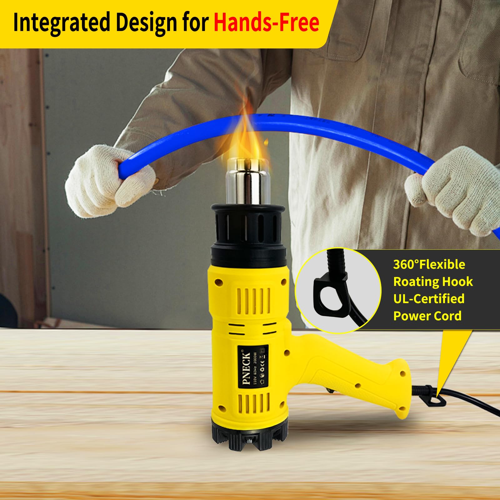 Kit de pistola de calor resistente de 2000 W, temperatura variable de 60.0 °C a 650.0 °C, 4 boquillas, amarillo, P-305