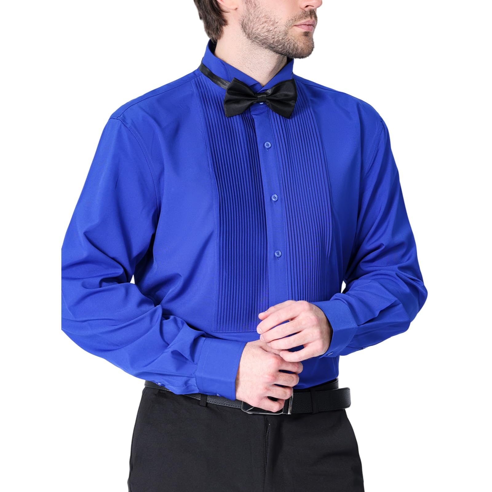 Camisa de esmoquin para hombre, camisa de vestir formal con puntadas plisadas en la parte delantera, camisas de doble puño con pajarita para fiesta de graduación, boda