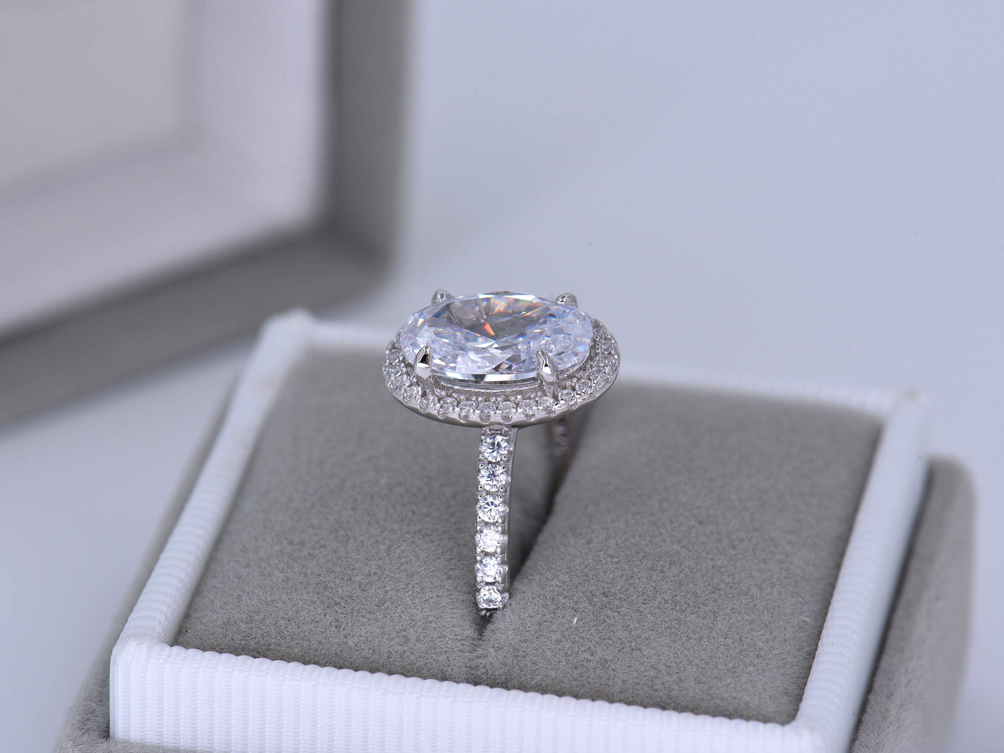 Anillo de compromiso con halo ovalado de 3 quilates con circonita cúbica en plata de ley, Oro blanco, plata esterlina, plata, Zirconia cúbica 6
