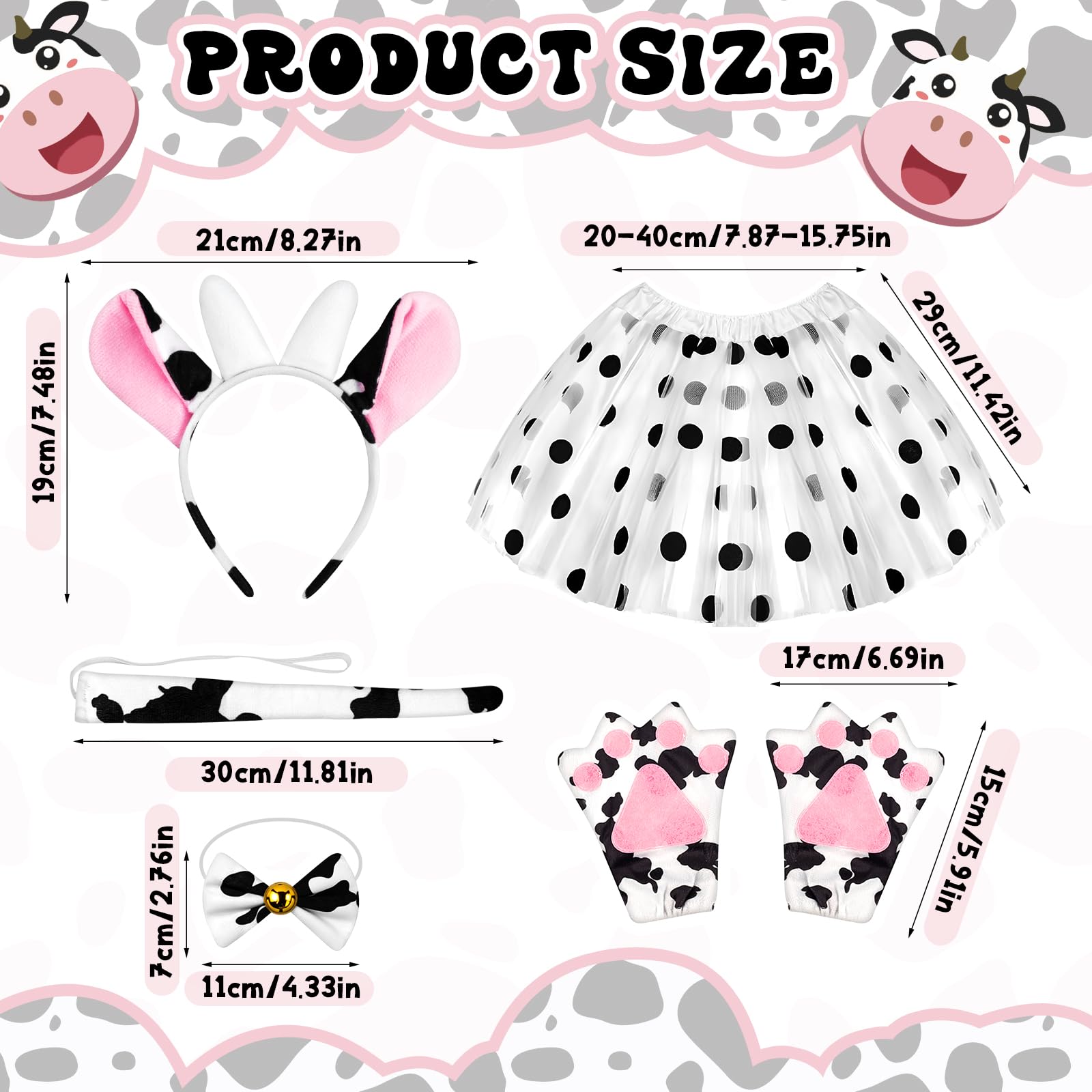 Jokureao 5Pcs Kids Cow Costume Set, Cow Costume Kids with Cows Ears Headband, Tutu Skirt, Tail, Gloves - Image 2