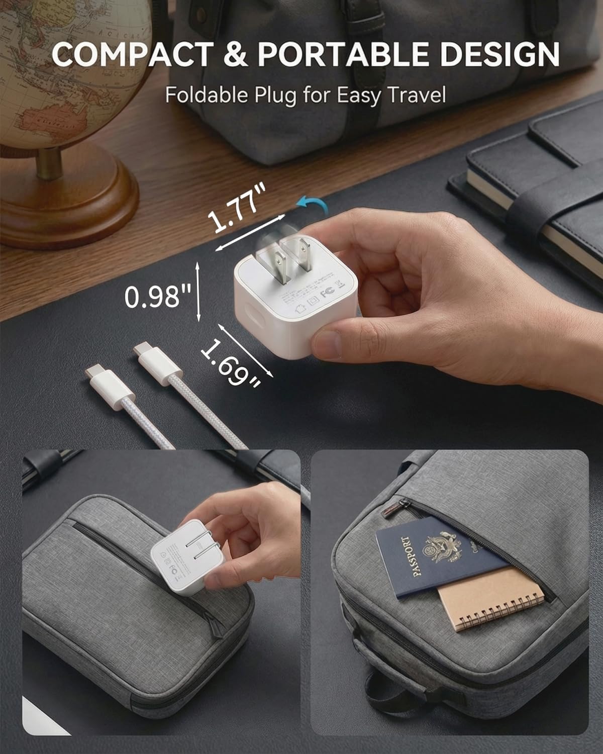 40W-60W Dynamic USB C Wall Charger for Apple iPhone 17 16 15 Pro Max, Foldable Fast Power Adapter Compatible with MacBook Air, iPad, Samsung S25, with 5FT Braided USB-C Cable, Withe