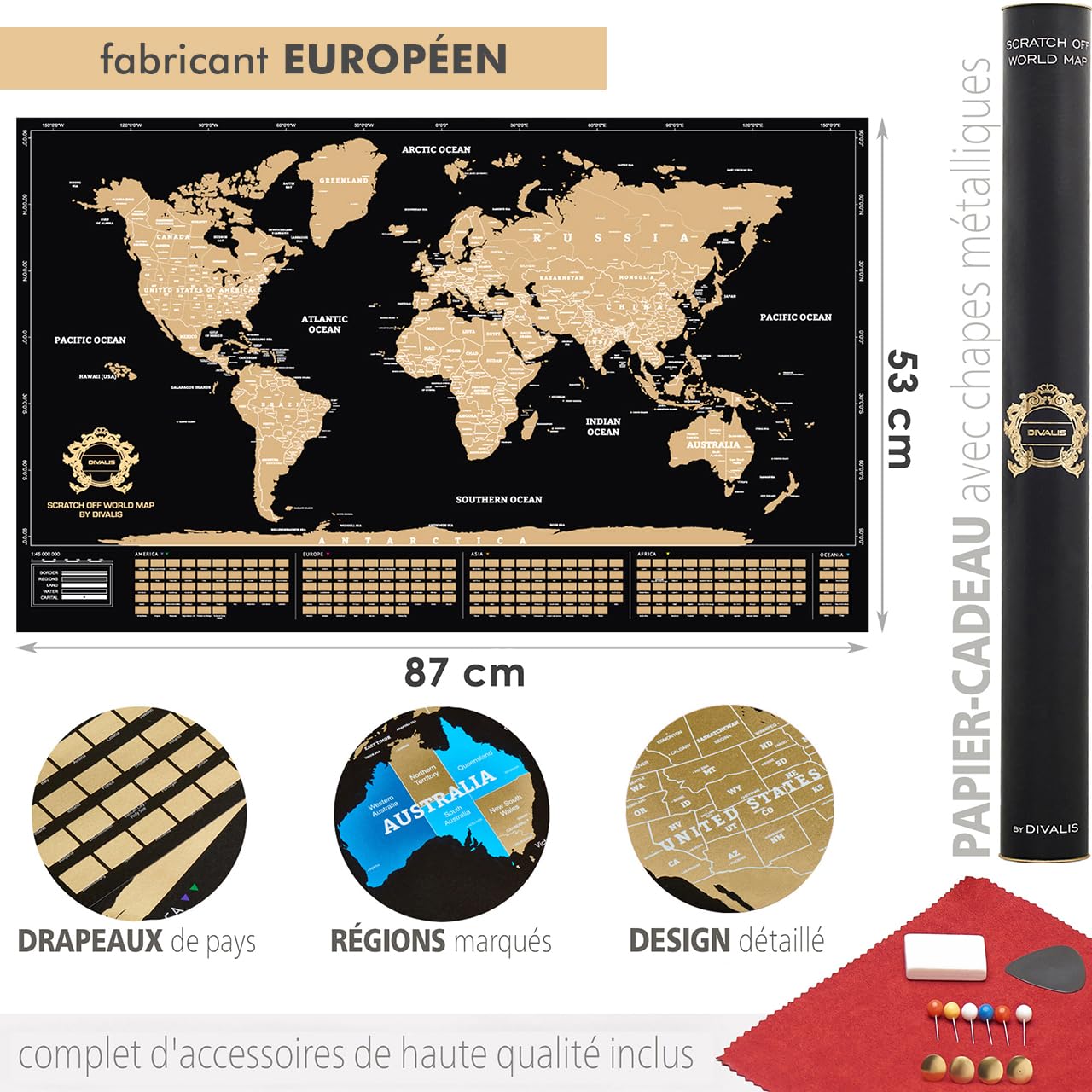 Carte du Monde à Gratter Extra Grande - Poster de Carte du Monde Grattable - Mappemonde pour les Voyageurs - Tous les Accessoires Inclus - Scratch off World Map