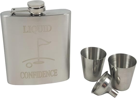 Golf Flask Gift Set - 7 oz Flask Engraved with Liquid Confidence
