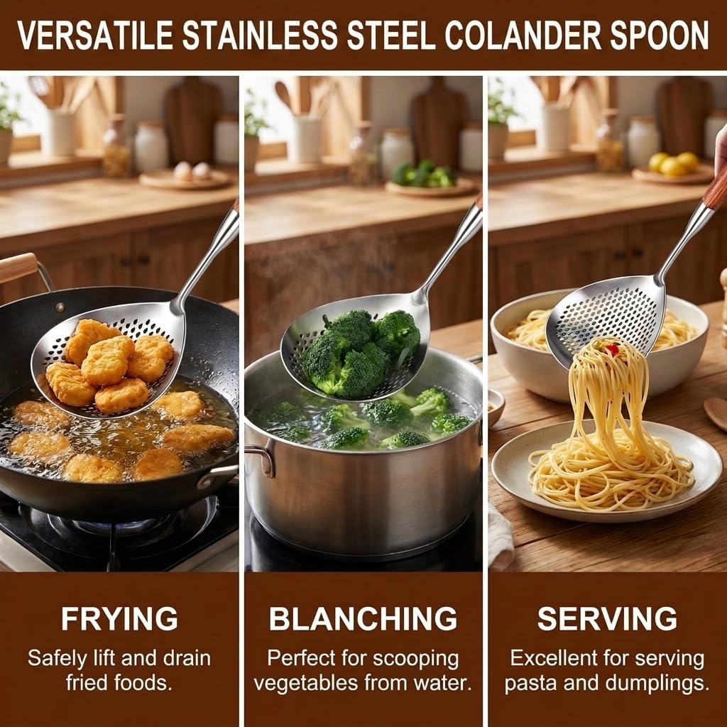 16 Inch Skimmer Slotted Spoon, Wooden Handle, Large Stainless Steel Spider Strainer for Kitchen Cooking Frying Draining