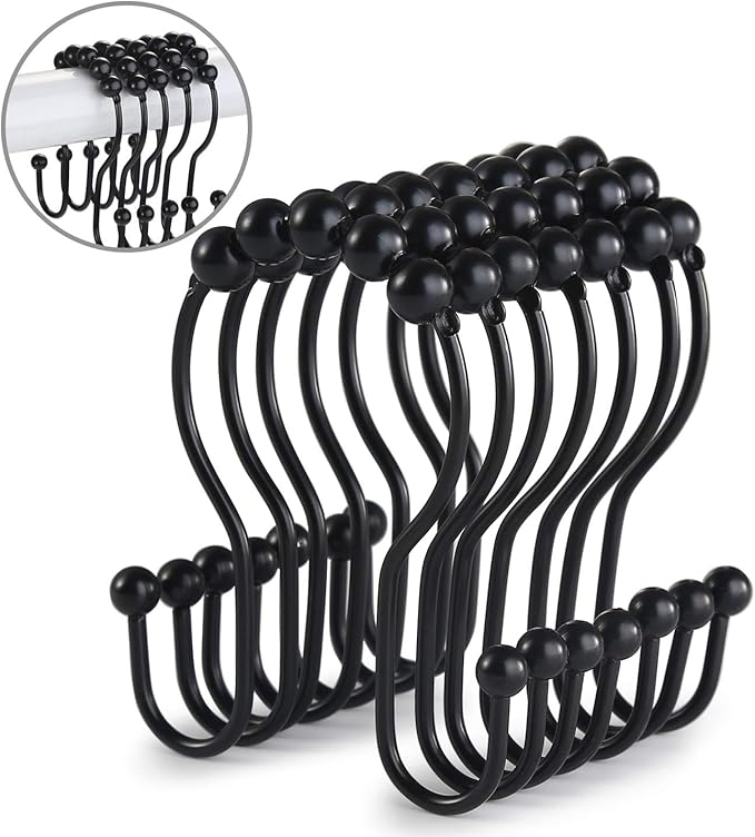 Goowin Shower Curtain Hooks, 12 Pcs Shower Curtain Rings, Stainless Steel Black