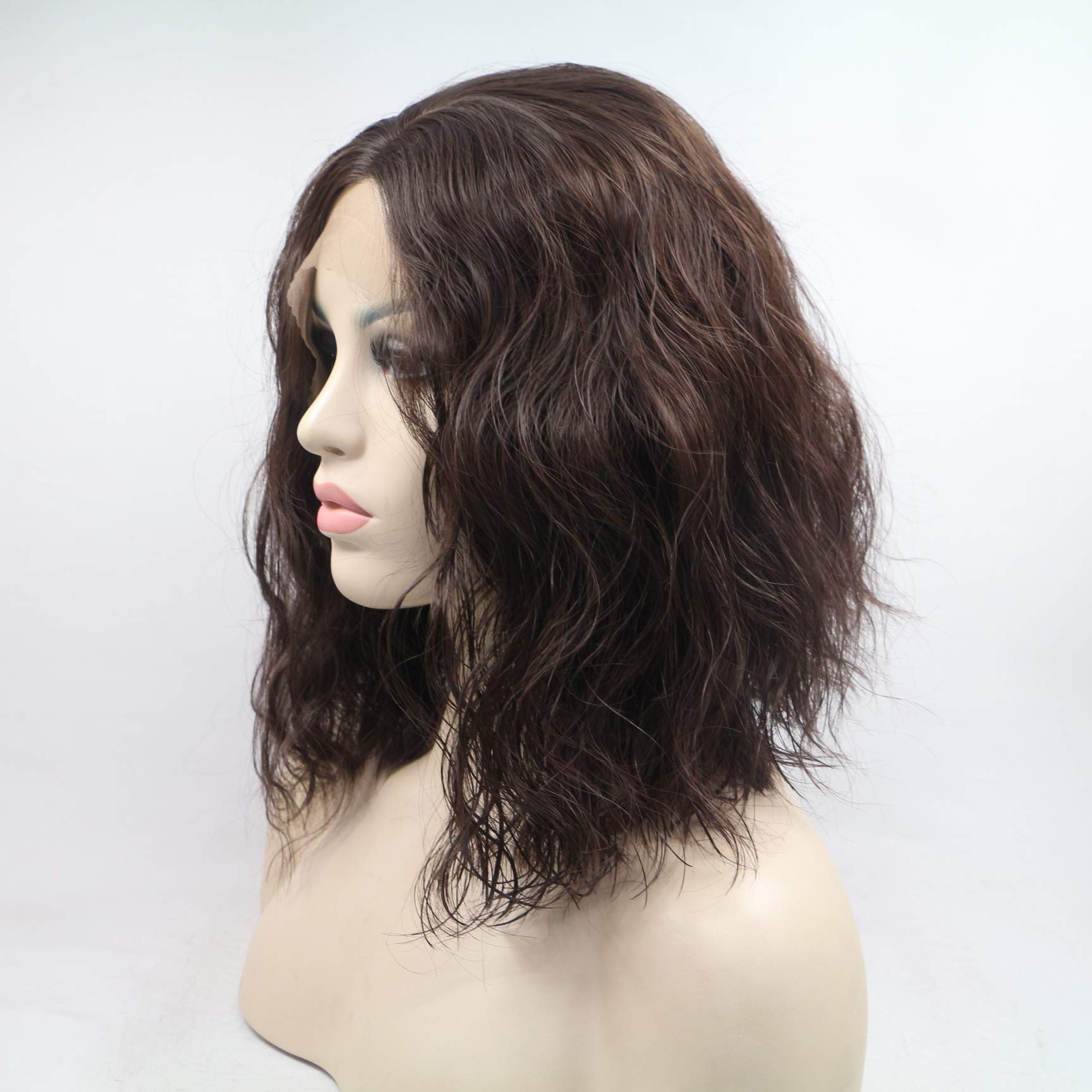 Xiweiya 14" Dark Brown Wavy Wig Synthetic Lace Front Wigs Middle Part Brunette Hair Short Soft Curly Wig Hair Replacement Wig for Women Drag Queen Makeup - Image 3