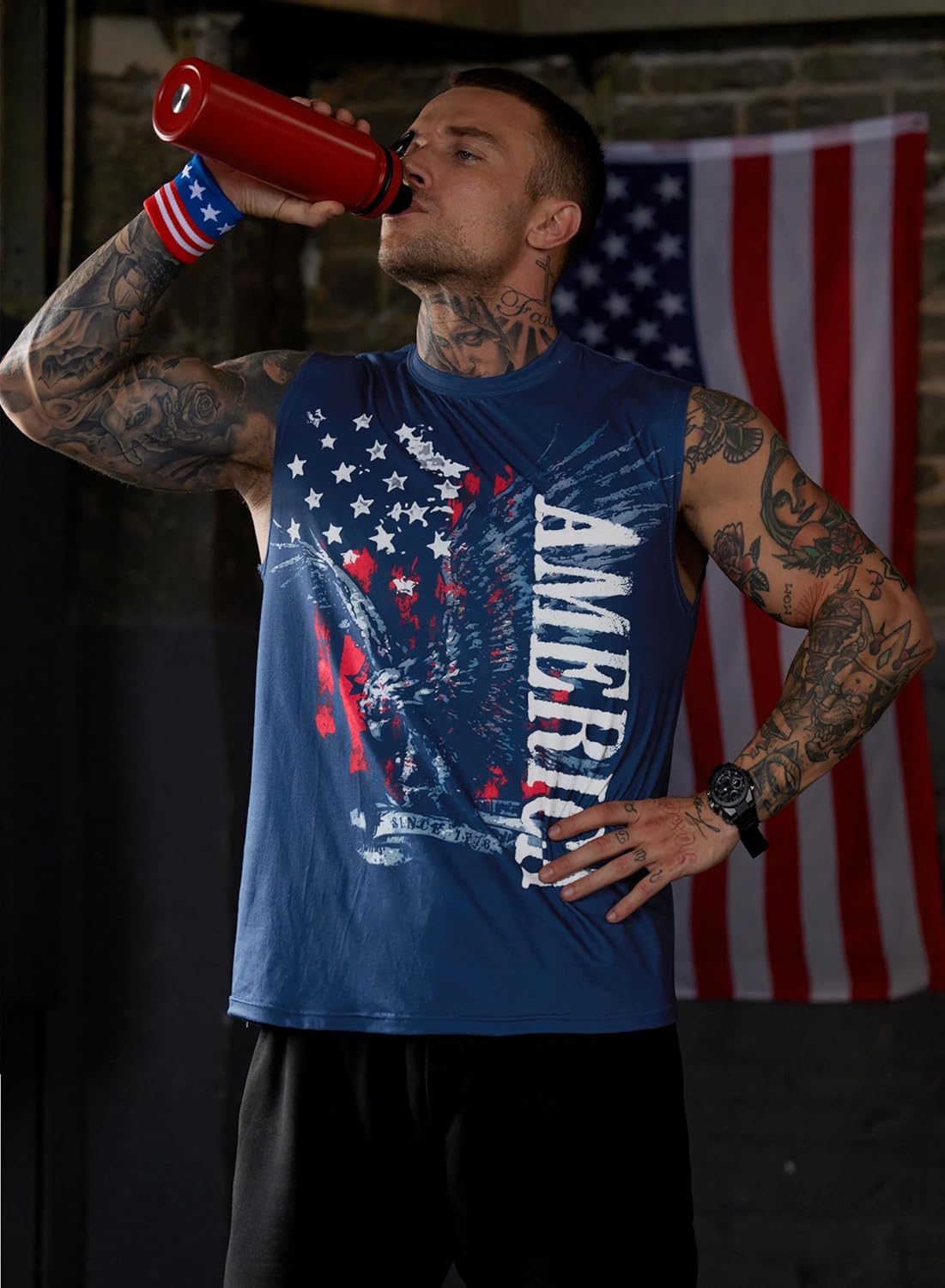 Mainfini Men American Flag Tank Top Muscle Graphic Gym Workout USA Sleeveless Tee Shirts (S-3XL) Small Blue-american Eagle image 7 of 8 B0F2J1FH7K