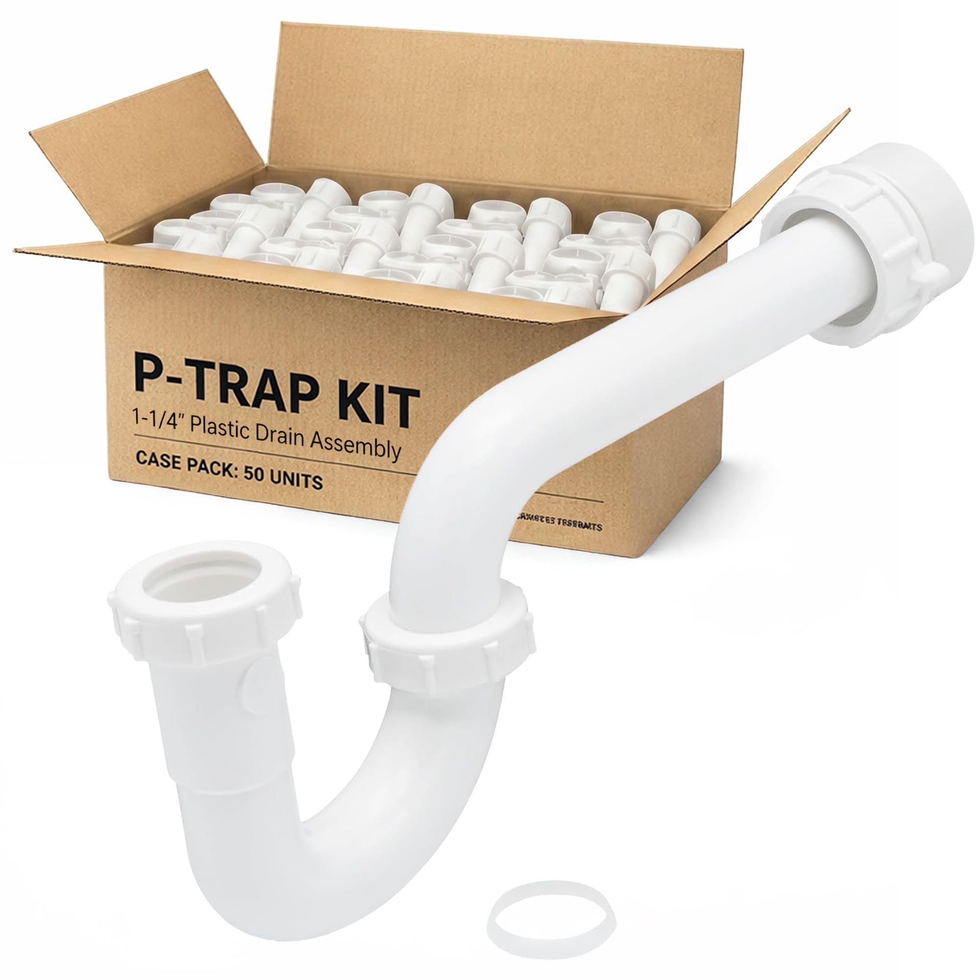 JB Products 50 Pack 1-1/4 Inch P-Trap Kit, Polypropylene Tubular with PVC Marvel Adapter, Ribbed Threaded Nuts for Strong Leak-Free Connection, Includes J-Bend, Wall Arm & Washers