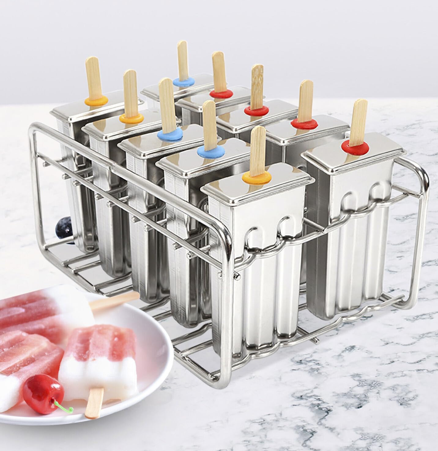 Stainless Steel Popsicle Molds 10PCS Commercial Popsicle Molds Stainless Steel Popsicle Moulds Home-made Reusable DIY Ice Pop Molds Fast Freezing Ice Lolly Popsicle Maker Molds with Sticks and Brush