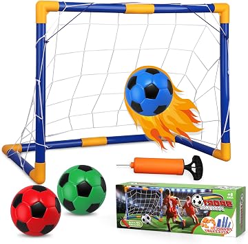 Mini Soccer Goal Set with 3 Ball Pump for Toddler Kid, Small Portable Goals Training Equipment for Garden Indoor Outdoor Backyard, Birthday Gift for Boy Girl Sports Toy Game 23" W 18" H 12" D