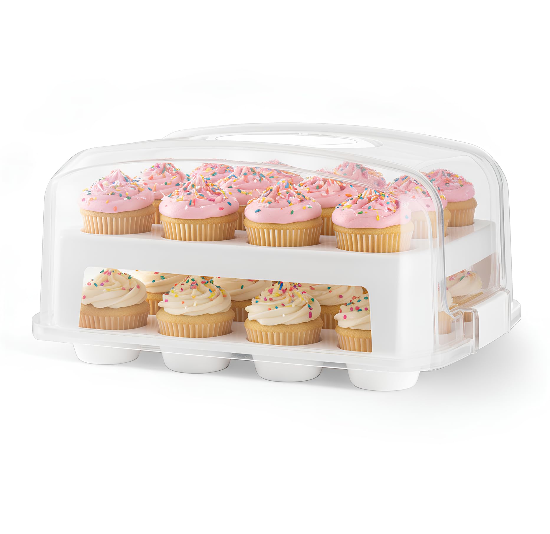 MosJos EXTRA TALL DOME Cupcake Carrier, White Cupcake Holder Carries 24 Cupcake Storage Container, Muffin Traveler Two Tier Stand Reusable Cupcake Box