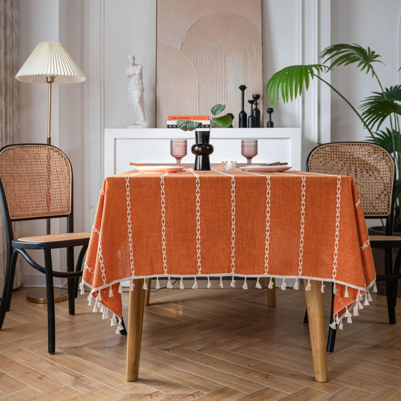 Plancholo Orange Farmhouse Style Cotton Linen Tablecloth Stripe Table Cloth With Tassels Wrinkle Resistant Washable Table Cover For Kitchen Party (, Rectangle/Oblong, 55 X 87 Inch)