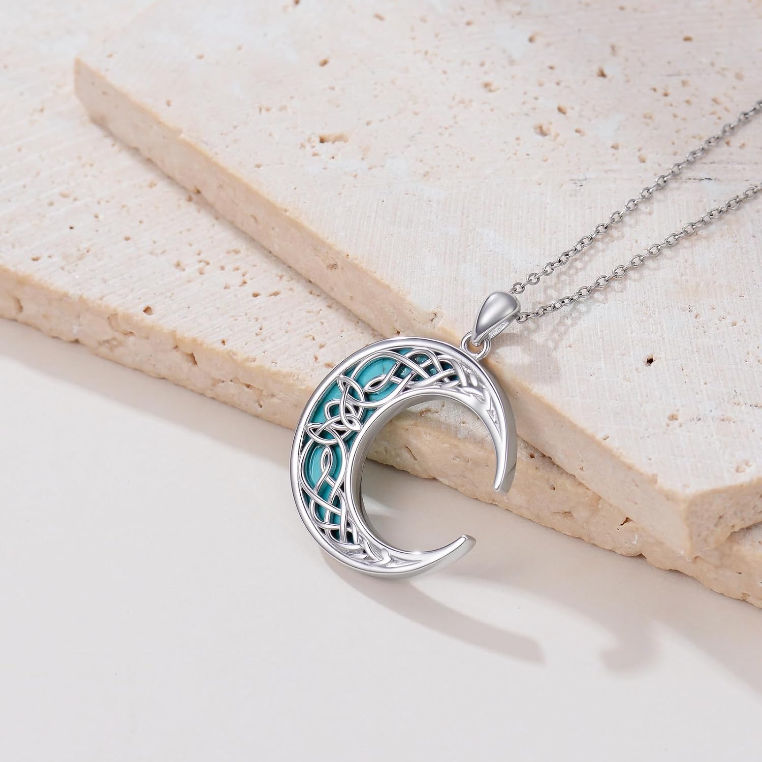 Natural Turquoise Celtic Moon Pendant Necklace for Women 925 Sterling Silver Genuine Turquoise Jewelry Gifts for Her