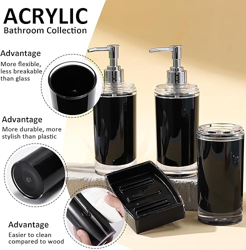 Miniatura 2 de BSSN Juego de accesorios de baño de acrílico negro, 6 piezas, dispensador de jabón de loción, soporte para cepillo de dientes, vaso, jabonera,