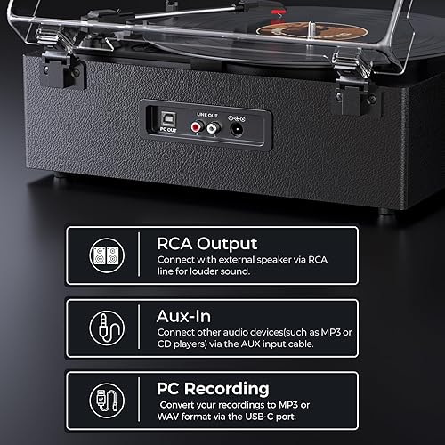 Miniatura 5 de Tocadiscos de vinilo Bluetooth con 4 altavoces estéreo, reproductor LP de 3 velocidades para discos de vinilo, salida AUX RCA, grabación de PC,