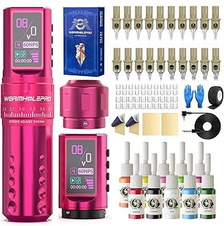 WORMHOLE PRO 80PCS Tattoo Gun Kit with 7 Adjustable Strokes, 1,800 mAh Capacity Replacement Power Supply, Digital LED Display, 20Pcs Tattoo Needles for Artists - Pink