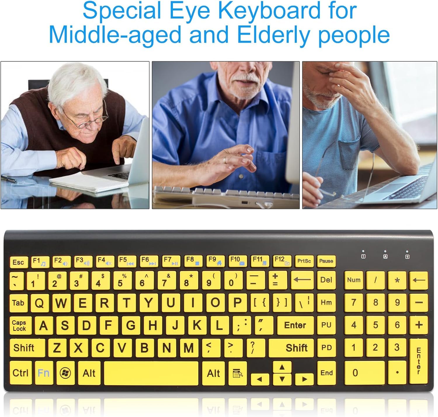 Kabellose Tastatur und Maus mit großen Buchstaben (Italienisch-Layout)| Leise | für Senioren und Menschen mit Sehproblemen und Sehstörungen-Gelb