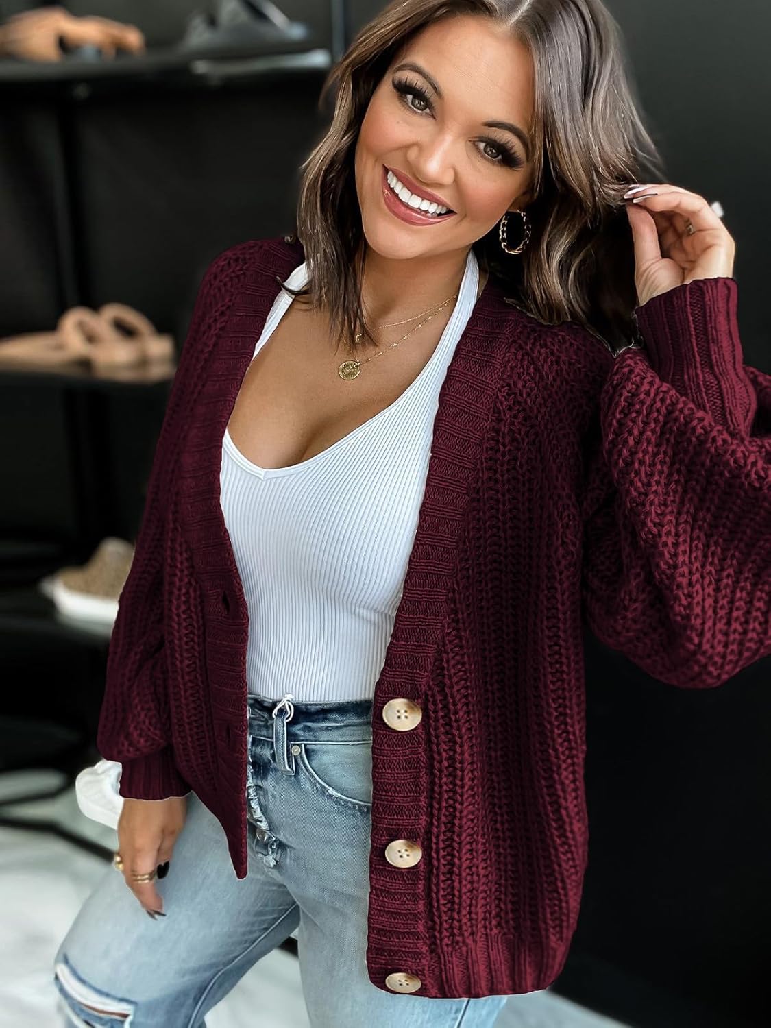 PRETTYGARDEN Women's Chunky Knit Open Front Sweater Long Sleeve Button Loose Short Cardigan Outerwear Coats - Image 5