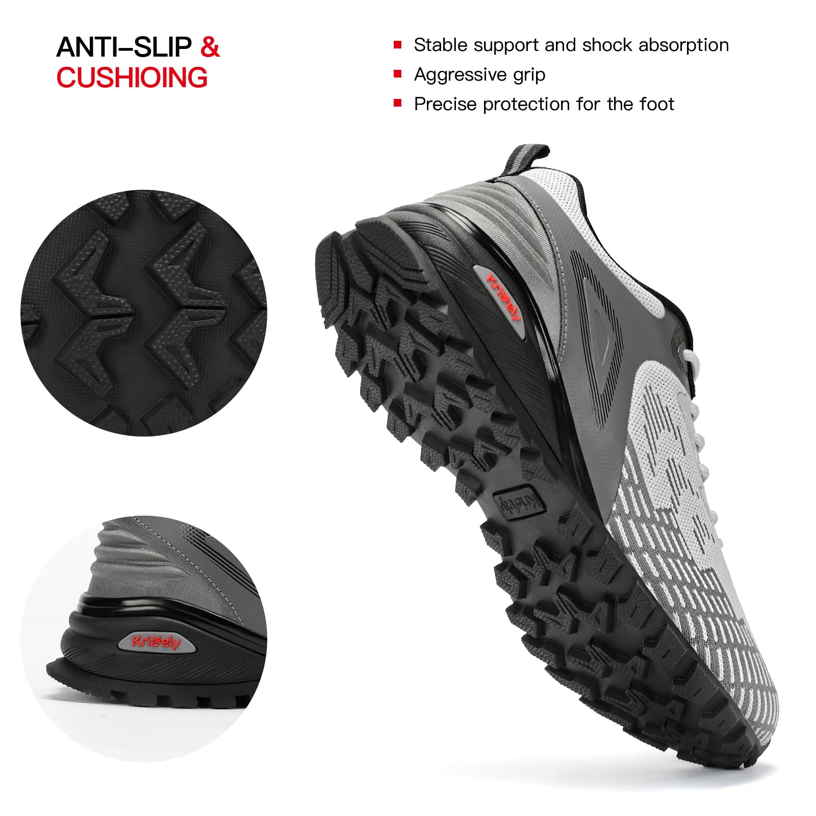 Kricely Men's Trail Running Shoes Non Slip Hiking Trekking Shoes Cross Training Tennis Shoes Breathable Fashion Sneakers Lightweight Workout Footwear Outdoor Gym Jogging Light Grey Size 11