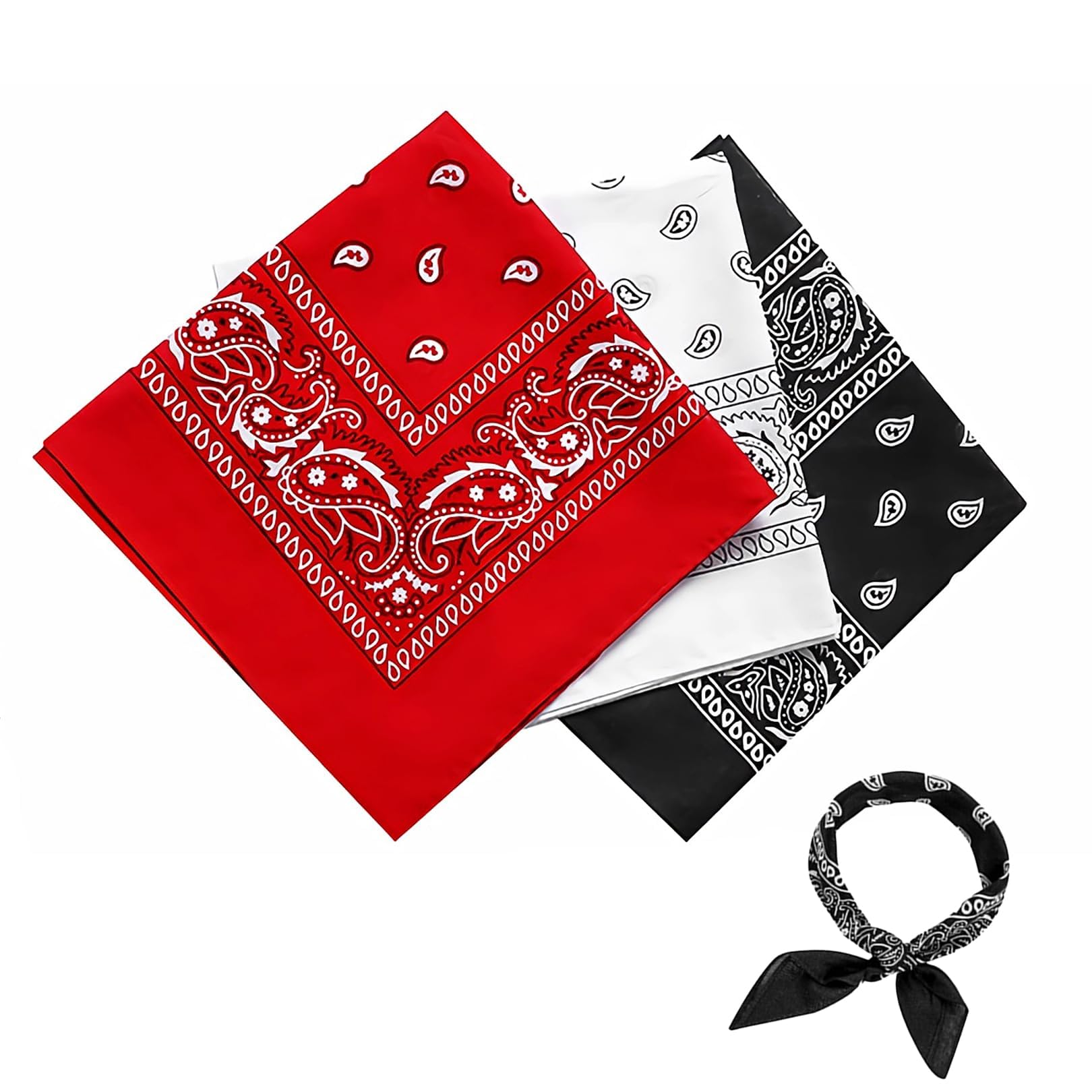 Strrng Unisex Colorful 3 Pcs Paisley Bandana,Premium Square Stylish Cowboy Neckerchief,Outdoor Sports Square Bandana Pirate Head Scarf For Cycling Headband Face Mask Neckerchief Handkerchief Face Mask(Black, White, Red)
