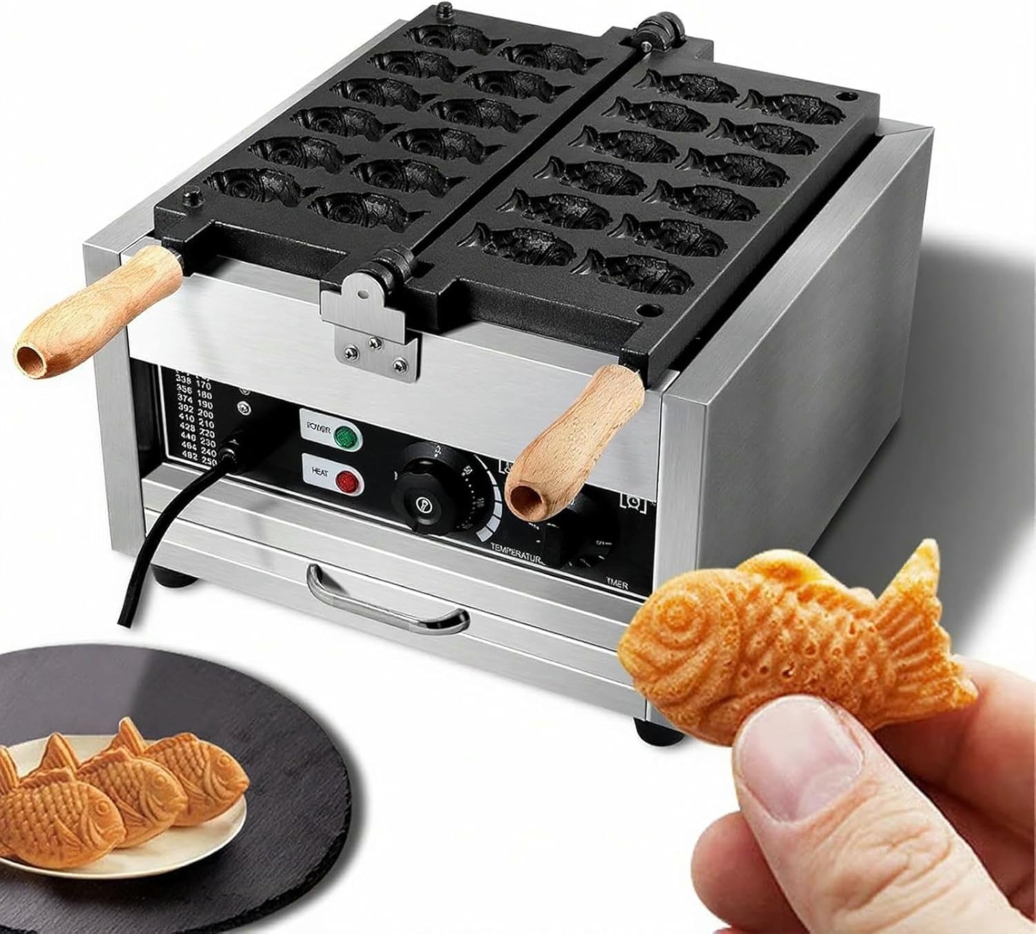 1500W Taiyaki Fish Waffle Maker, Commercial Electric Fish Shaped Waffle Iron, Stainless Steel Waffle Baker with Non-Stick Cooking Plate, 50-300℃ Temperature Control & 0-5Min Timer