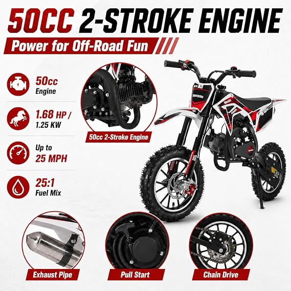 50cc 2-Stroke Kids Dirt Bike, Pocket Gas Motorbike, Off Road Gas Power Mini Pocket Motorcycle with Front Rear Disc Brakes, Mini Dirt Scooter Bike Pocket, Racing Max Speed 40km/H (Black)