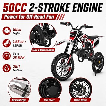 50cc 2-Stroke Kids Dirt Bike, Pocket Gas Motorbike, Off Road Gas Power Mini Pocket Motorcycle with Front Rear Disc Brakes, Mini Dirt Scooter Bike Pocket, Racing Max Speed 40km/H (Black)