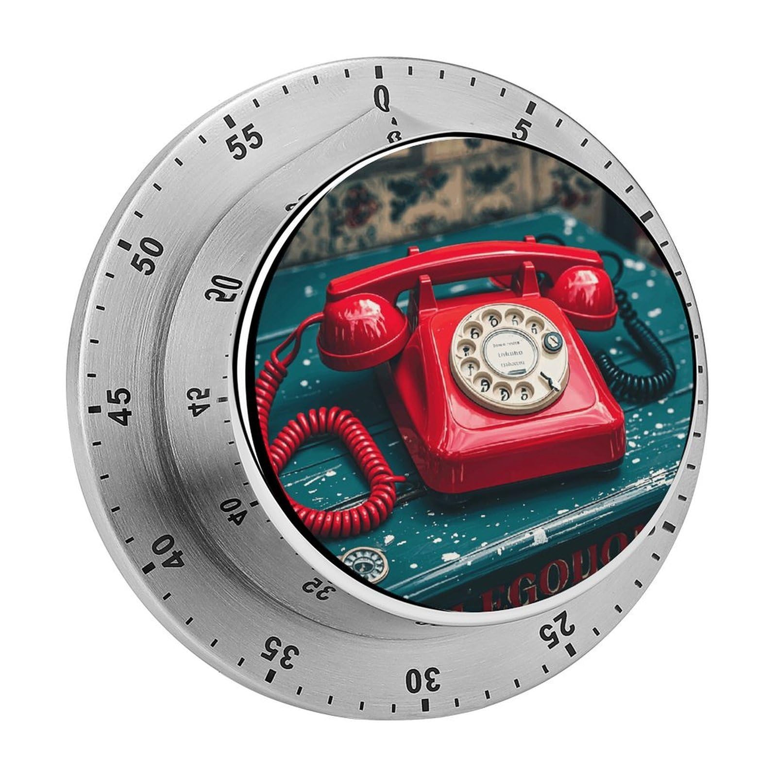 Mechanical Kitchen Timer with Magnetic Back, Stainless Steel Manual England UK Retro London Telephone Printed Timer for Cooking and Time Management