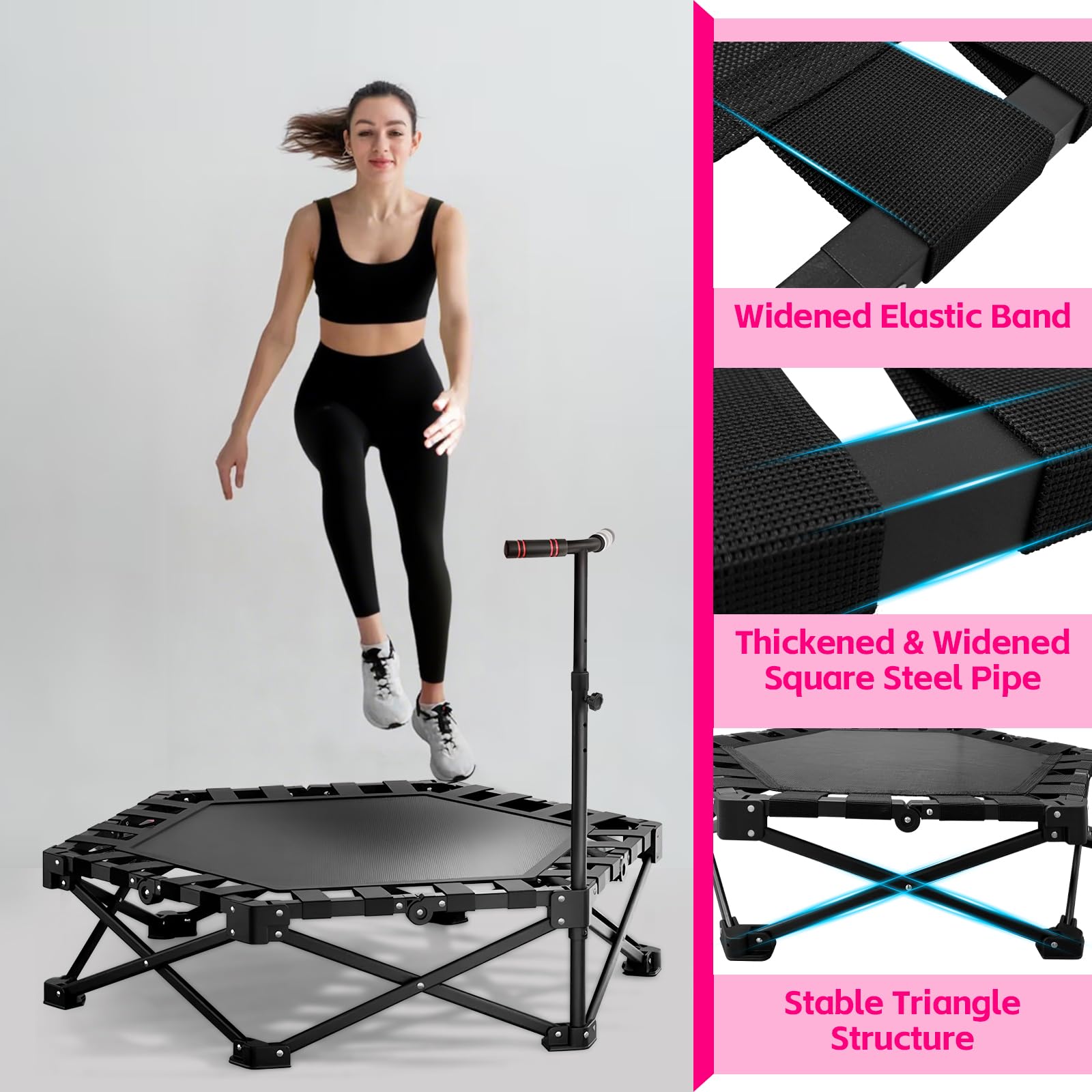 Trampoline d'intérieur pliable avec poignée réglable pour saut de fitness, facile à organiser et à ranger, aucune installation nécessaire, capacité de charge 200 kg