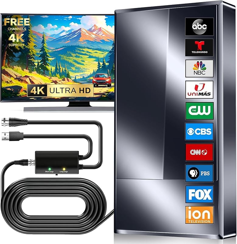 2026 Digital TV Antenna for Smart TV Upgraded 6000 Mile Amplified Booster | Free 8K/4K/channels, weatherproof indoor/outdoor, 50FT cable & advanced VHF/UHF reception for crystal-clear HD broadcasts.
