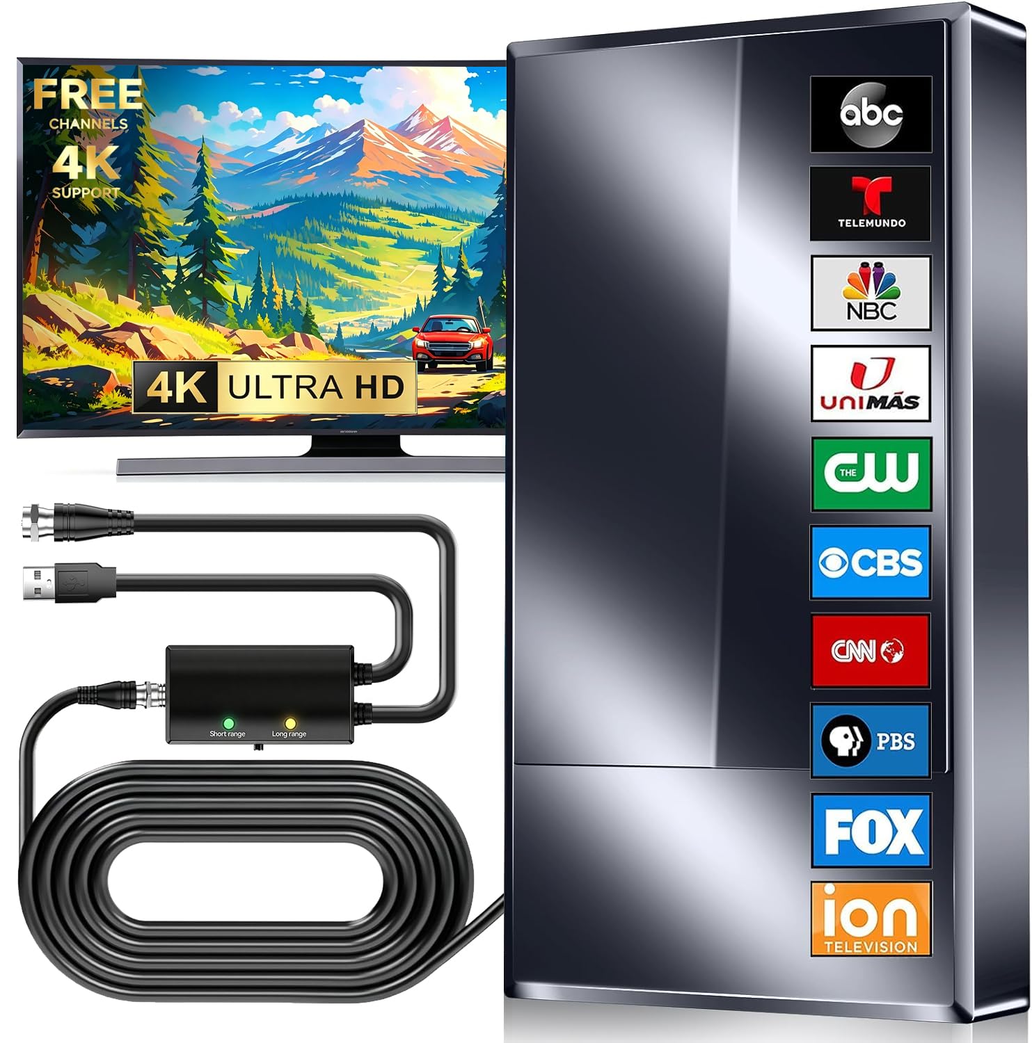 Antena de TV digital para Smart TV, amplificador de señal amplificado mejorado para canales locales gratuitos, recepción VHF UHF 8K 4K 1080p, diseño impermeable para interiores y exteriores con cable