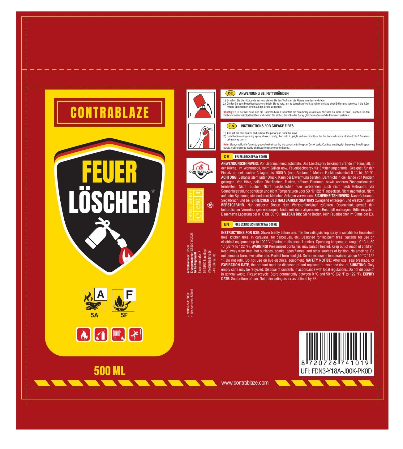 Spray extincteur domestique – 500 ml – Pour plus de sécurité dans votre vie quotidienne – Idéal pour la maison, la cuisine et la voiture – Efficacité testée contre les feux de graisse et les incendies