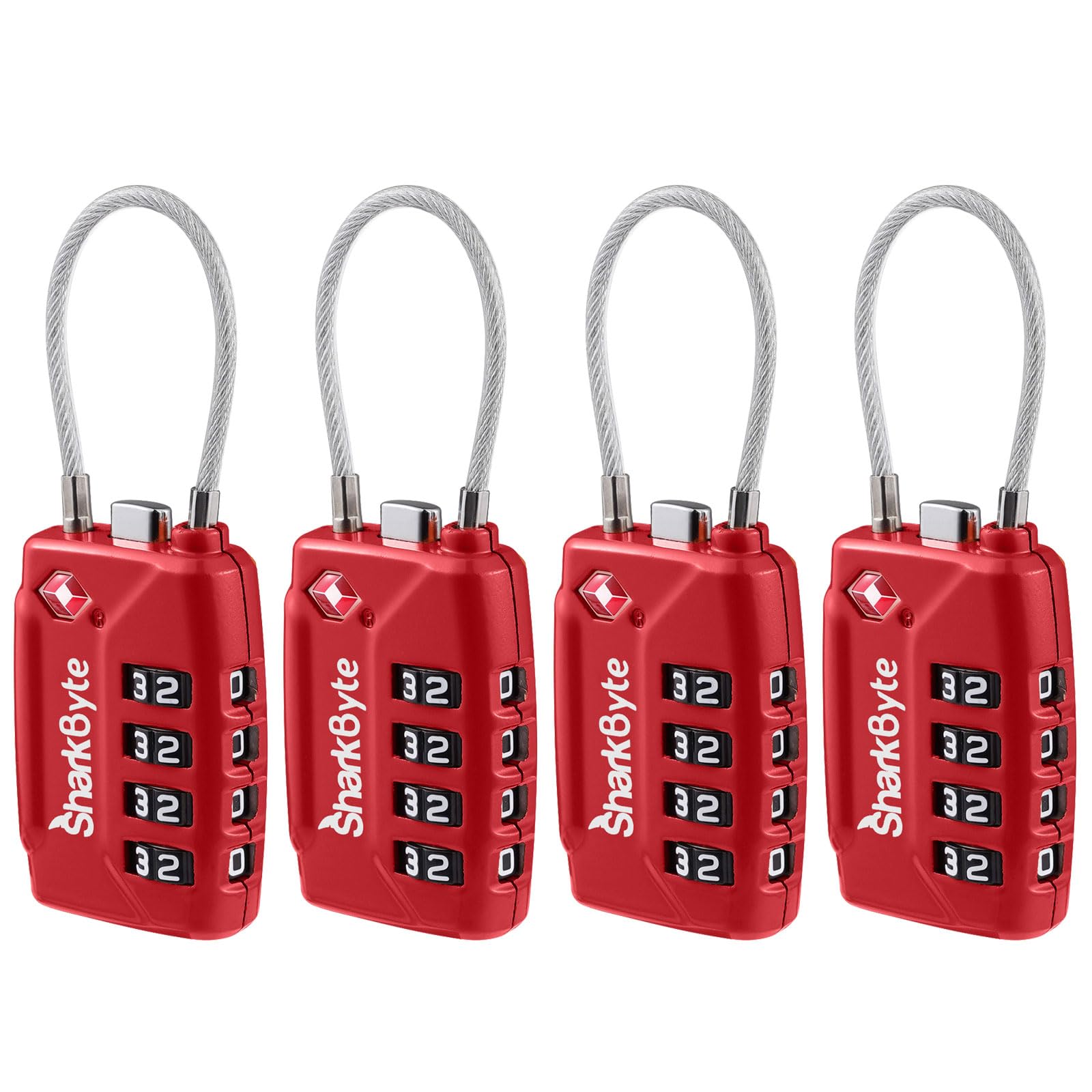 Sharkbyte Red Tsa Approved Suitcase Locks - 4-Dial Security Travel Combination Padlock, Flexible Cable Wire Travel Lock For Suitcases, Luggage Locks, Case Travel Bag Gym Locker Code Small Padlock (4 Pack)